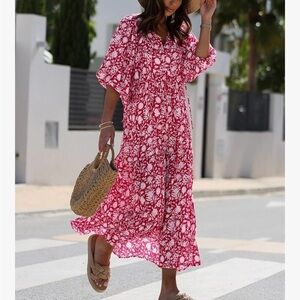 Women’s Loose Fit Casual Summer V Neck Half Sleeve Bohemian Maxi Dress Size L